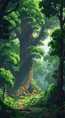 Fototapeta premium Pixel art ancient forest, towering trees, dense foliage, natural beauty