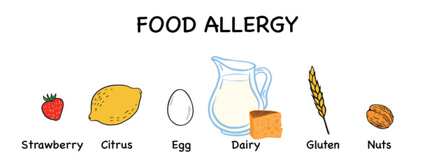 food allergies with hand-drawn icons of strawberry, citrus, egg, dairy, gluten, and nuts, labeled below each item.