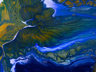 abstract painting features swirling waves of yellow, green, and blue. Use it for wall art, creative projects, digital backgrounds, or inspiration.