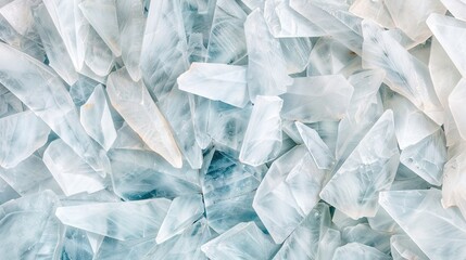 Obraz premium Close-up photo of blue-white wall adorned with numerous ice chunks on top and a single ice chunk at the base