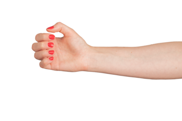 Hand grasping virtual object. Arm gesture holding empty space, product. Woman with red manicure, varnished nails, elegant body language. Closeup of delicate, outstretched fingers.., transparent PNG