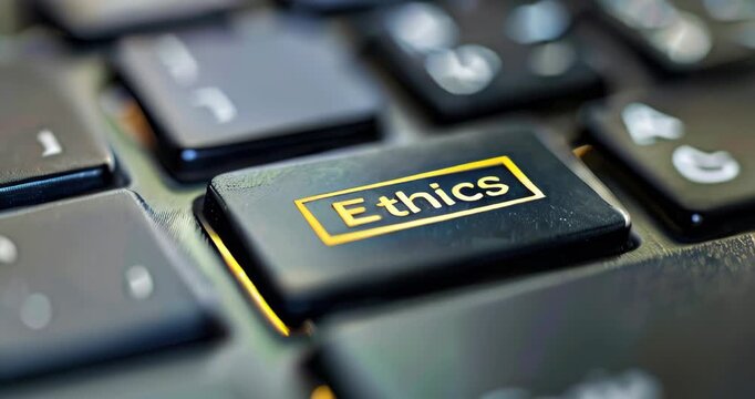 Keyboard with a highlighted Ethics key representing digital responsibility. Digital ethics. Copyspace