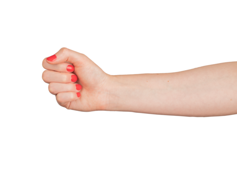 Fist gesture with closed hand. Arm and fingers in pose for communication, catching, grabbing. Woman with red manicure, elegant varnished nails, and body language. Isolated on white., transparent PNG