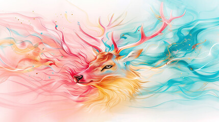  Digital artwork of a deer's head with vibrant swirls on its face against a pastel-colored background