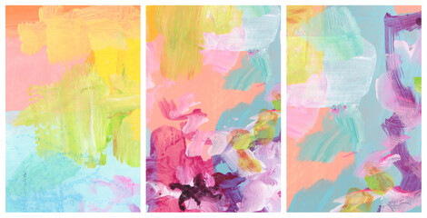 Art Watercolor and Acrylic smear brushstroke blot with pastel pencil elements. Abstract texture color stain painting background. Set.