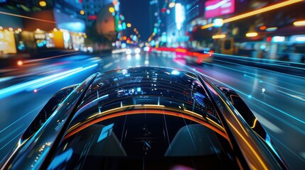 Futuristic Car Driving Through a City at Night