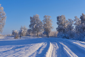 Obraz premium The road goes into the distance after a snowfall. Winter landscape with road