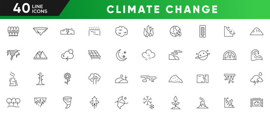 Climate change line icon set. Global warming, greenhouse, catastrophe, cataclysm, eco product, clean energy, renewable energy, recycling, reusable, and recycling outline icon collection. Ui thin icons