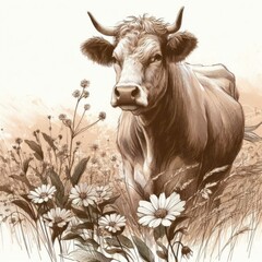 Cow, farm, goat, Hand drawing, line art, vintage line drawing cow, goat, goats, herd of cows, herd of goats, billy goat, milk, milkman, farm, engraving, house, barn, valley, fields,