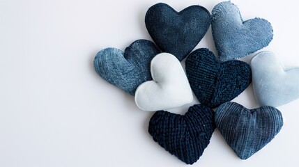   A group of blue and white hearts rests atop a white table alongside a black and white heart