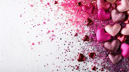   A collection of pink and red hearts scattered on a white background with pink and red sprinkles adorning the left side of the image