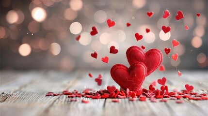   A pair of red hearts resting atop a wooden table alongside a heap of red confetti