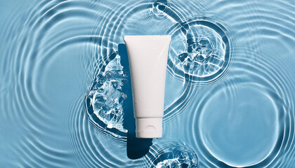 White cosmetic tube gracefully floating on rippled water. Beauty and skincare product promotion