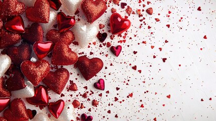   A red and white heart cluster sits atop a white background with sprinkled confetti