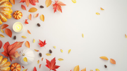 Obraz premium Autumn Flat Lay with Leaves, Pumpkins, and Candle