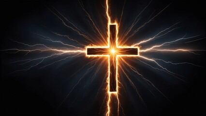 A radiant cross illuminated by bright lightning against a dark background