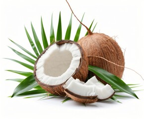 Fresh Coconut Halves With Palm Leaves