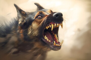 Aggressive dog get angry and bares his teeth. Dog shows dangerous teeth and ready to attack. Rabies vaccination and prevention, immunization and treatment of infection. Homeless animal concept 
