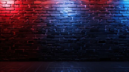 Abstract image of Studio dark room with red and blue lighting effects on black brick wall gradient background