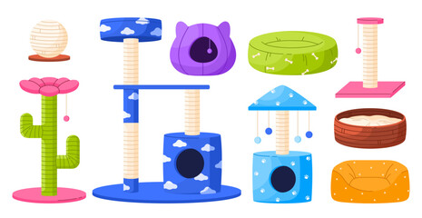 Set of cat furniture for sleep. Collection of pet bed houses, cat tree with climbing platforms, toys and scratching post. Cat towers and baskets. Isolated vector illustration in cartoon style