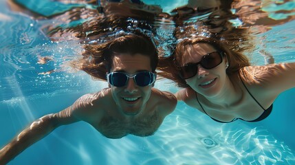 realistic professional photo of a couple swimming in a pool, Hair grows underwater, summer, Generative Ai