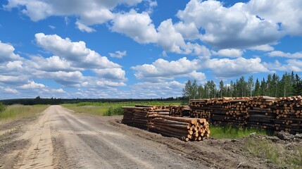 Big pile of wooden timber pine logs stacked near dirt road countryside against blue sky and forest. Sawmill woods cutting industry. Illegal deforestation. Firewood logging for winter heating