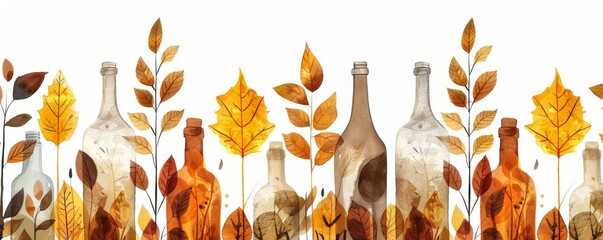 Autumn leaves forming wine bottles. Beautiful seasonal illustration with fall foliage
