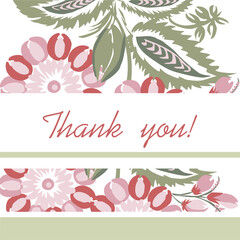 Card Thank you. Beautiful stylized floral ornament. Floral rhythmic pattern. Vintage botanical composition of fantastic plant element