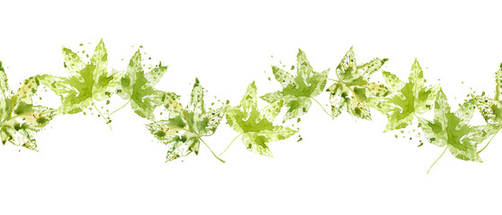 Vibrant green leaves seamless border. Floral banner with maple leaves, splashes, spray. Elegant green leaf ornate in watercolor style. Fresh atmosphere for various nature themed designs