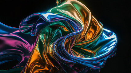 A vibrant and dynamic interplay of colors and shapes. It features fluid-like structures that twist and swirl, creating a mesmerizing pattern. 