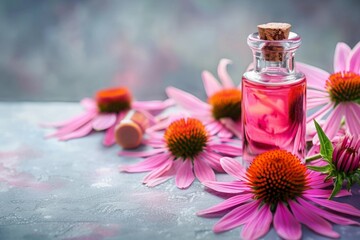 Glass bottle with pink liquid surrounded by echinacea flowers on textured surface. Natural skincare and herbal remedies concept. Mockup. Ayurveda. ayurvedic herbs. Generative AI