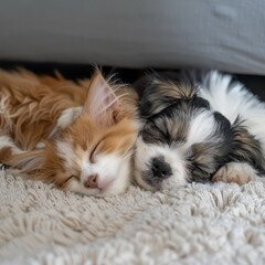 two small dogs are sleeping on a carpet