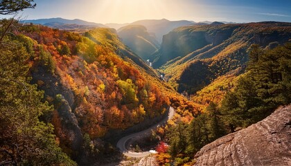 Naklejka premium Discover Nature's Beauty: Mountain Path through Autumn Foliage Leading to Deep Green Gorge by Generative AI