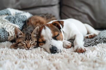 a dog and cat sleeping on a couch