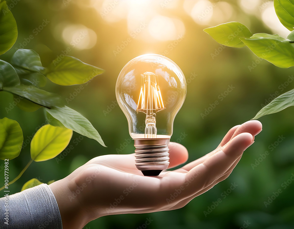 Poster firefly light bulb in nature- a conceptual image of a hand holding a light bulb against a green leaf