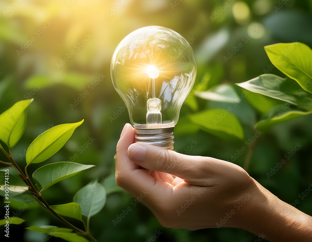 Poster firefly light bulb in nature- a conceptual image of a hand holding a light bulb against a green leaf