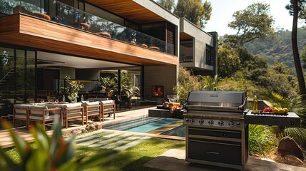 Modern outdoor kitchen with grill and dining area by a pool

