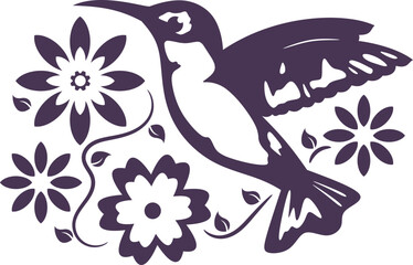 Hummingbird with Flowers Vector Graphic
