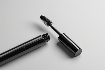 Open black mascara tube with brush on a white background. Studio beauty product photography for design and print. Cosmetic and makeup concept. Mockup. Generative AI