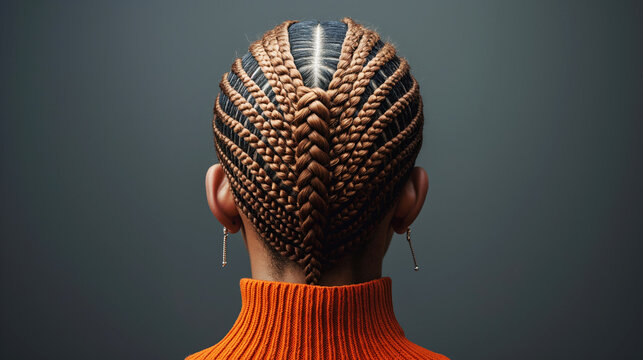 Close-up of the back of a person's head, showcasing intricate braided hairstyle with cornrows and thicker central braid. The person is wearing an orange sweater and earrings.