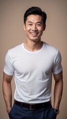 A smiling man in a white t-shirt poses confidently against a beige background
