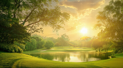Obraz premium Sunrise over a serene golf course with lake and lush greenery