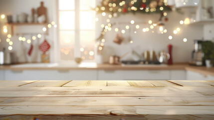Wooden kitchen counter with festive decorations and warm lighting