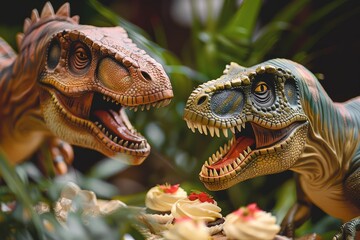 Lifelike dinosaur figures among lush greenery, facetoface with decorated cupcakes