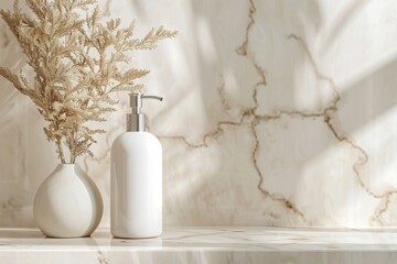 White soap dispenser on marble countertop with dried flowers in vase. Modern bathroom decor. Studio shot for design and print. Mockup. Generative AI