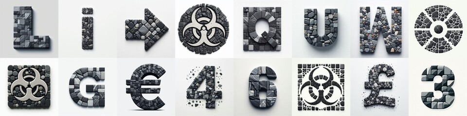 Obraz premium Dark gray and red stones Tiling Lettering Typeface. AI generated illustration