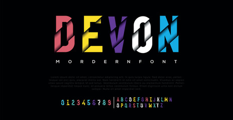 Devon colorful stylized alphabet design with uppercase, lowercase, numbers and symbols