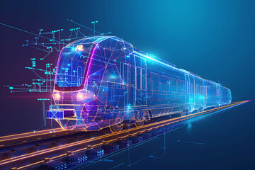 A digital wireframe polygon illustration of a train on a blue background, showcasing modern transportation technology. The design emphasizes the structure and mechanics of the train, symbolizing effic