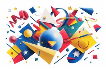 Memphis style.  Dynamic abstract composition of 3D geometric shapes in vibrant colors. Artistic illustration with spheres, triangles, and rectangles. Art and design concept. Generative AI