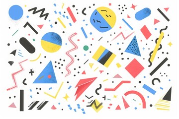 Memphis style. Abstract colorful geometric shapes and patterns on a white background. Digital illustration for design and print. Party and celebration concept. Generative AI